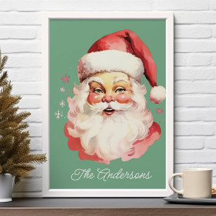 Poster Vert Noël de famille rétro vintage Père Noël