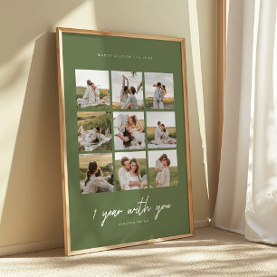 Poster Vert olive moderne 9 photos de mariage 1re anniver