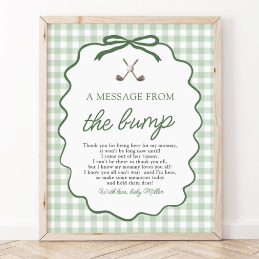 Poster Vert sauge Gingham Golf Un message du bébé