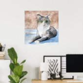 Poster Vert Tortoiseshell Gris Blanc Chat Aquarelle (Bureau à domicile)
