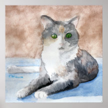 Vert Tortoiseshell Gris Blanc Chat Aquarelle