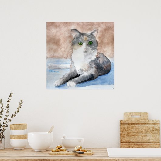 Poster Vert Tortoiseshell Gris Blanc Chat Aquarelle (Cuisine)
