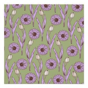 Poster Vert violet rétro Y2K Funky Hippie Flower Motif