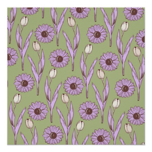 Poster Vert violet rétro Y2K Funky Hippie Flower Motif (Devant)