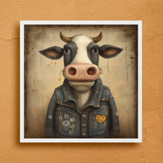 Poster Veste laitière design - Vache drôle en costume