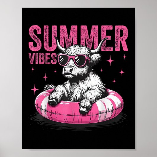 Poster Vibes d'été Funny Highland Cow Pool Plage flottant (Devant)