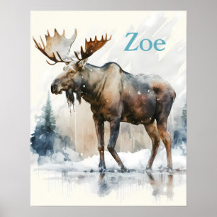 Poster Vibes d'hiver Aquarelle Moose - Enfants