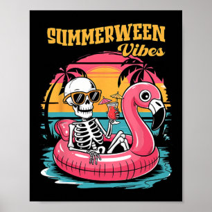 Poster Vibes Summerween squelette flamant rose Halloween