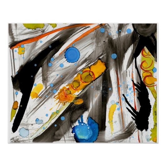 Poster Vibrant Abstract Brushstrokes – Blue Orange Yellow (Devant)