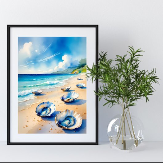 Poster Vibrant aquarelle Oyster Seashell Beach
