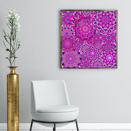 Poster Vibrant Boho Chic rose violet fleurs Mandalas