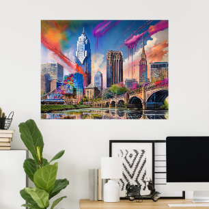 Poster Vibrant Cleveland Ohio Skyline Art Abstrait