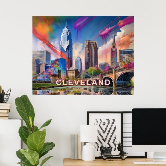 Poster Vibrant Cleveland Ohio Skyline Art Abstrait (Bureau à domicile)