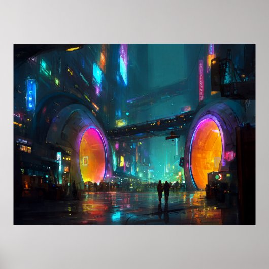 Poster Vibrant Cyberpunk Cityscape with Arches (Devant)