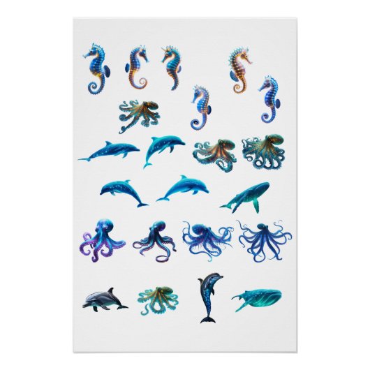 Poster Vibrant Digital Collage of Sea Creatures in a Colo (Devant)