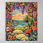 Poster vibrant floral ocean sunset (Devant)