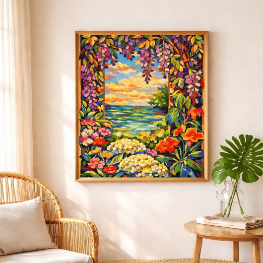 Poster vibrant floral ocean sunset
