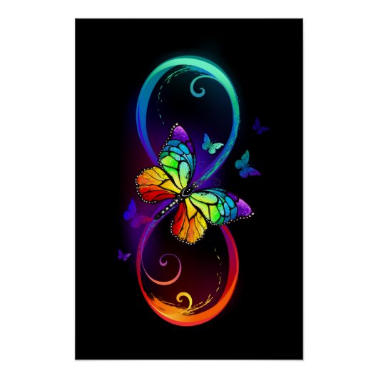Poster Vibrant infinity with rainbow butterfly on black (Devant)