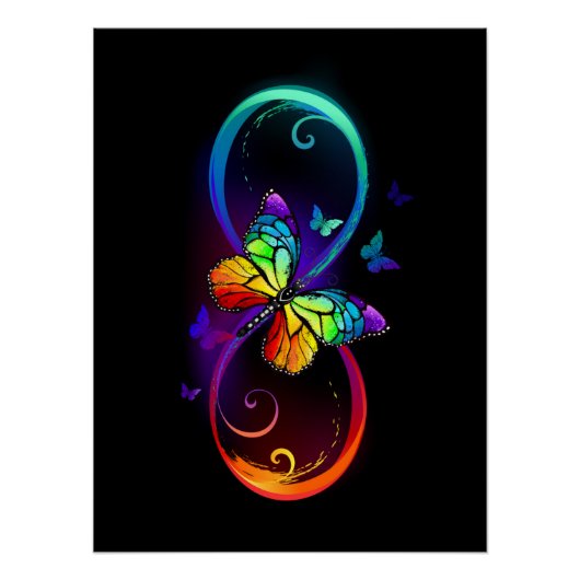 Poster Vibrant infinity with rainbow butterfly on black (Devant)