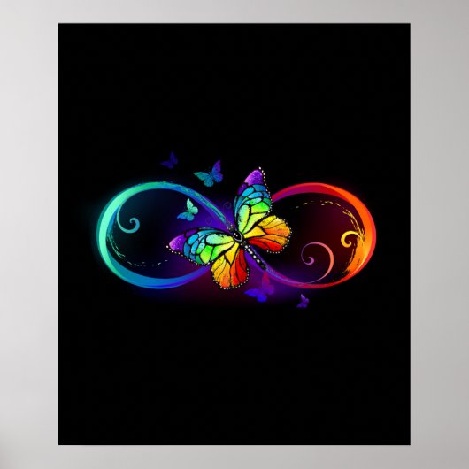 Poster Vibrant infinity with rainbow butterfly on black (Devant)