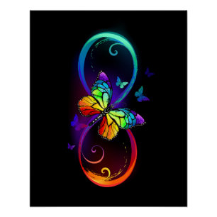 Poster Vibrant infinity with rainbow butterfly on black