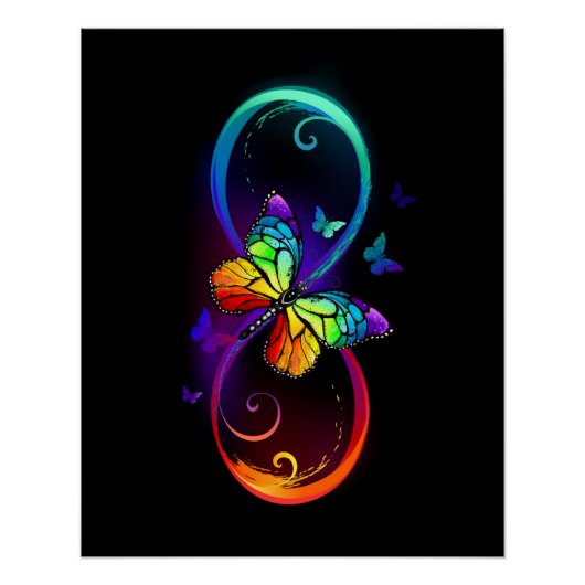 Poster Vibrant infinity with rainbow butterfly on black (Devant)