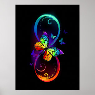 Poster Vibrant infinity with rainbow butterfly on black 