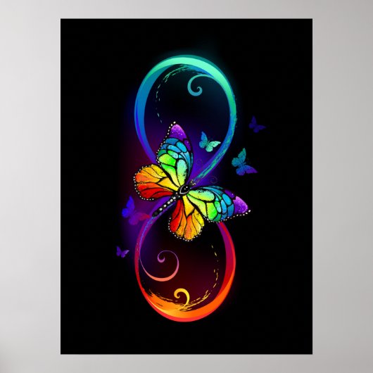 Poster Vibrant infinity with rainbow butterfly on black (Devant)