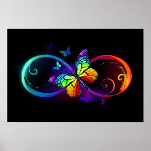 Poster Vibrant infinity with rainbow butterfly on black