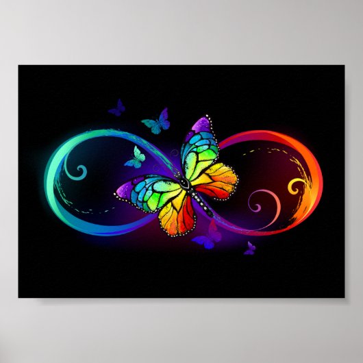 Poster Vibrant infinity with rainbow butterfly on black (Devant)