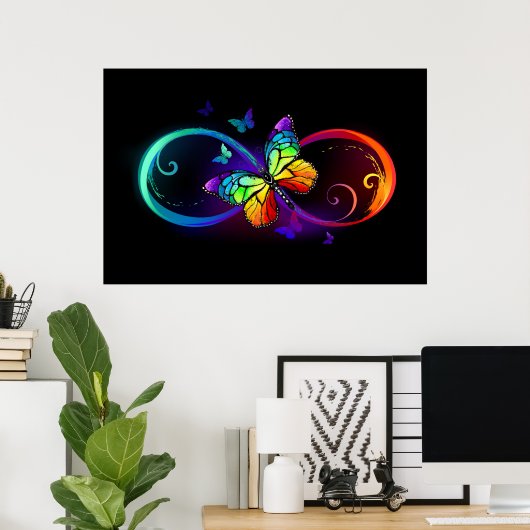 Poster Vibrant infinity with rainbow butterfly on black (Bureau à domicile)