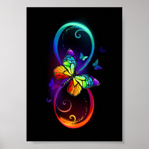 Poster Vibrant infinity with rainbow butterfly on black