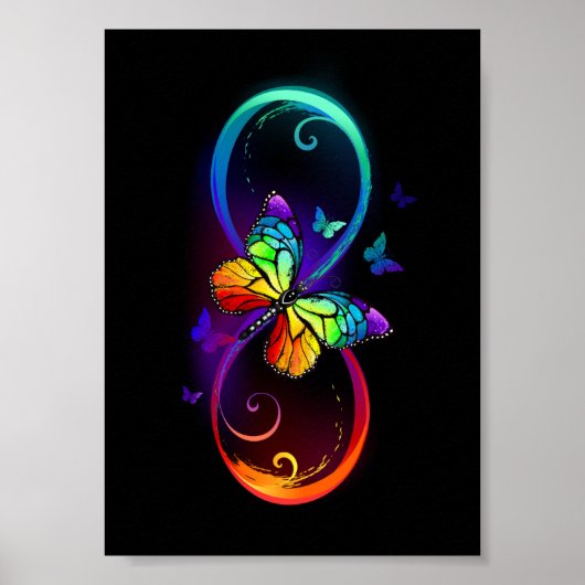 Poster Vibrant infinity with rainbow butterfly on black (Devant)