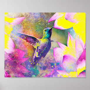 Poster Vibrant Jaune et Violet Floral Hummingbird Art