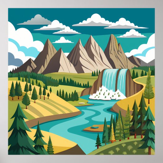 Poster Vibrant Mountain Landscape with Waterfall and Rive (Devant)