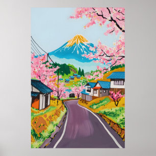 Poster Vibrant Mt Fuji Sakura Art Campagne Japonaise