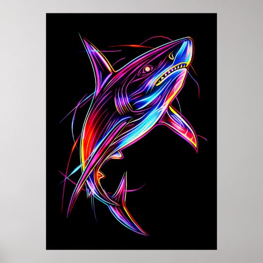 Poster Vibrant Neon Shark Modern Digital Ocean (Devant)