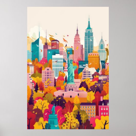 Poster Vibrant New York City Skyline Flat Vector Art Post (Devant)