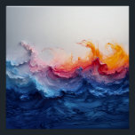 Poster Vibrant Ocean Wave Resin Surge Glow<br><div class="desc">Powerful blue waves surge and crash in vivid resin pours, blending deep sapphire, electric turquoise, and cyan into towering crests. Explosive coral, hot pink, magenta, and fiery orange bursts rise from the peaks like sunset flames or molten light, while soft white foam and subtle gold-copper metallic flecks add luminous sparkle...</div>