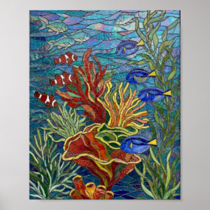 Poster Vibrant récif corallien et mosaïque de poissons tr