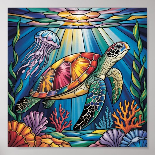 Poster Vibrant Stained Glass Sea Turtle Ocean Design (Devant)