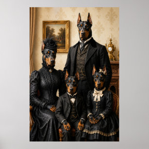 Poster Victorian Doberman Family Portrait in Black Attire