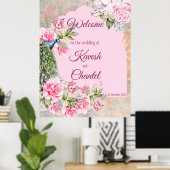 Poster Victorian peacock and pink roses pink background (Bureau à domicile)