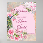 Poster Victorian peacock and pink roses pink background<br><div class="desc">Victorian peacock and pink roses pink background welcome sign board. Nice for Indian wedding/reception and other functions.</div>