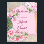 Poster Victorian peacock and pink roses pink background<br><div class="desc">Victorian peacock and pink roses pink background welcome sign board. Nice for Indian wedding/reception and other functions.</div>