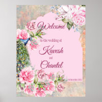 Victorian peacock and pink roses pink background