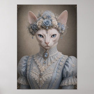 Poster Victorian Sphynx Cat Lady Print, Blue Floral Crown
