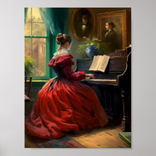 Poster Victorian woman playing the piano, oil painting