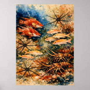 Poster Vie de récif Art aquarelle granulaire