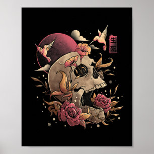 Poster Vie et mort Fleurs du crâne Squelette Halloween Ja